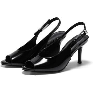 Women's Black Leather High Heels Open Peep Toe Mesh Sandal Buckle Dress Shoes